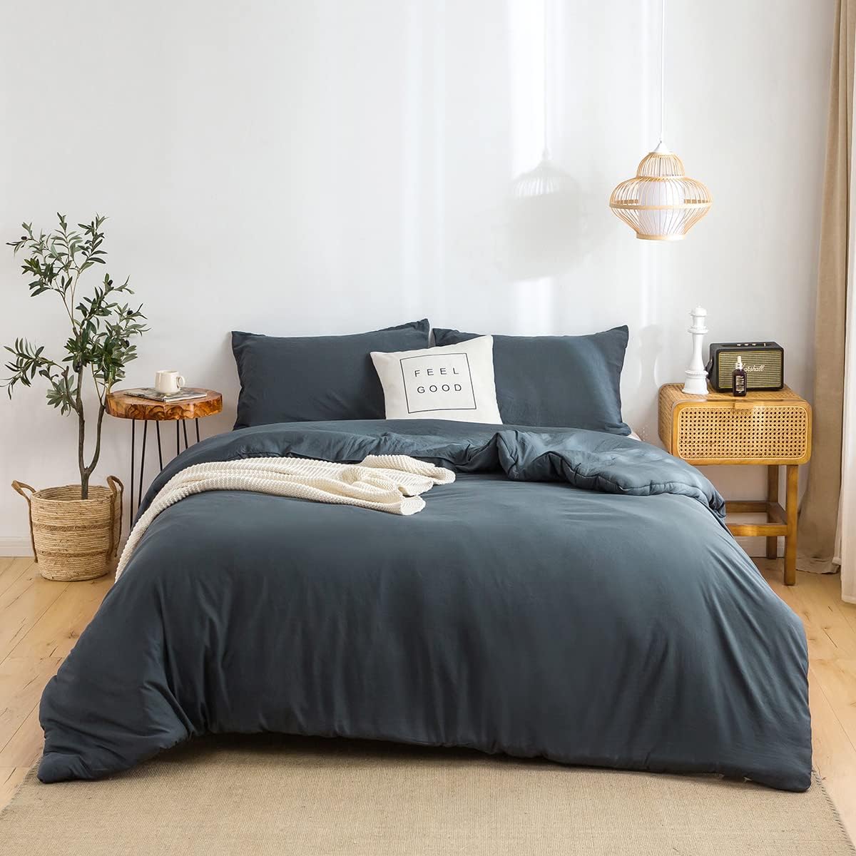 COTTEBED Silky Soft Queen Size Comforter Sets 3 Pieces Blanket Down Comforter with Pillowshams, Lightweight All Season, Washed Polycotton Microfiber for Full Queen Sized Bed, Dark Dusty Blue Grey Dark Dusty Blue Grey Full/Queen(Comforter Set)