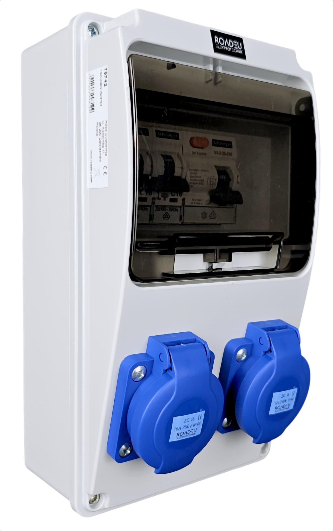 RoadEu - Stromverteiler 230V. 2x Schuko Steckdose mit Sicherungsautomat 16A. Baustromverteiler 16A mit FI Schalter. Steckdosen integriert mit Sicherungskasten. IP54 Wandverteiler - Aussen Wasserdicht