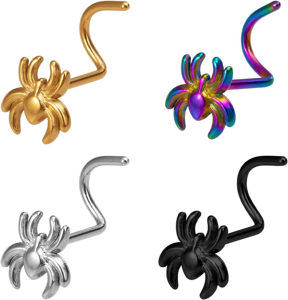 4Pcs 20G Spider Nose Studs Rings for Women Men Halloween Surgical Steel S-Shaped Nose Screw Nostril Nose Piercing Jewelry