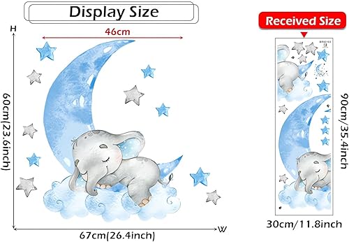 Miniatura 4 de Calcomanías de pared de elefante azul dormido, diseño de luna y estrellas de sacinora para bricolaje, vinilo extraíble, despegar y pegar para niños,
