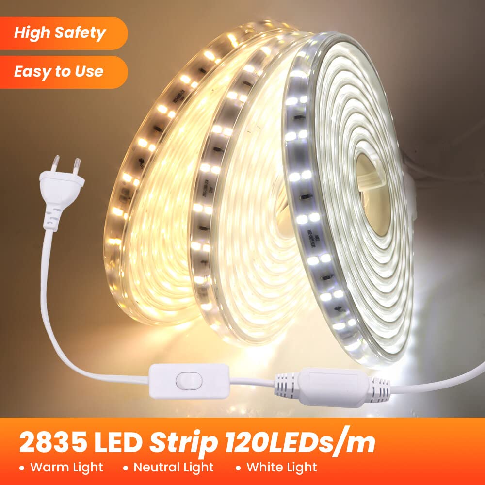Tira LED Doble Fila 15m, 220V SMD 2835 120LEDs/m Tira Flexible Superbrillante, IP65 Impermeable, Tira de luz LED Blanco Natural con interruptor para Navidad, Bodas, Dormitorios y Armarios
