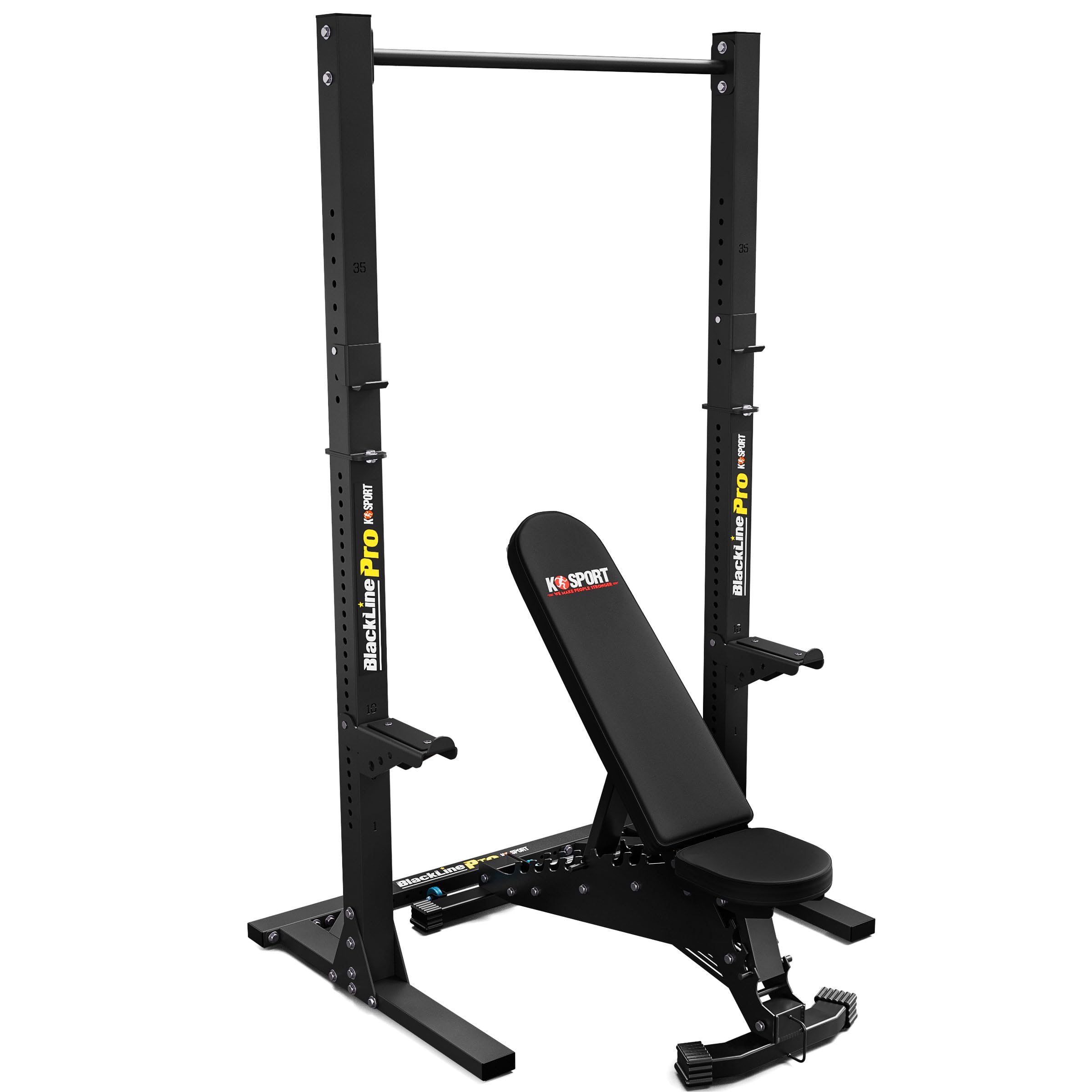 K-Sport: *BLACK LINE* Squat Rack mit Hantelbank| extrem belastbares Trainingsset | Premium Langhantelablage und vielfachverstellbare Multifunktionsbank je bis 350kg belastbar