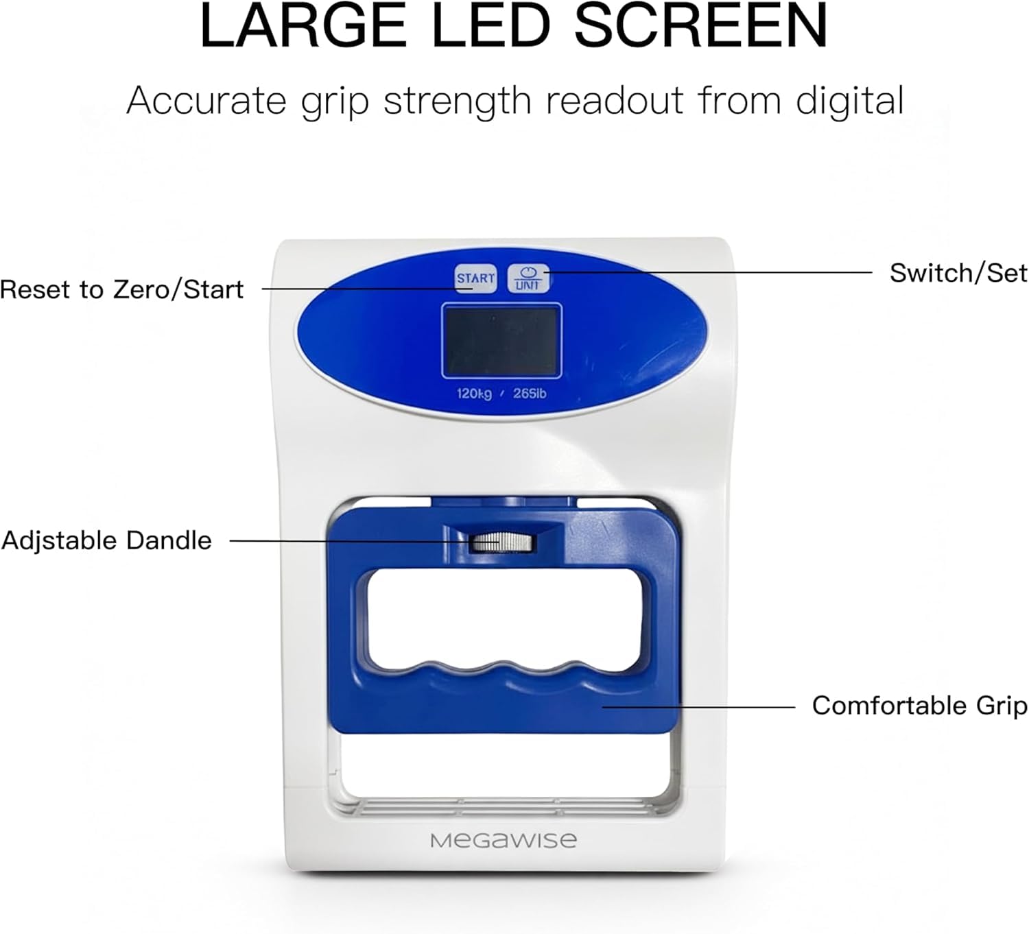 MEGAWISE Dinamómetro de fuerza de agarre digital 120 kg, probador de mano, sensor de alta precisión, pantalla LCD