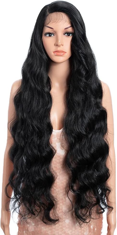 Style Icon 36 inch Super Long Curly Wavy Lace Front Wig for Women Side Part Synthetic Wigs with Baby Hair High Temperature Fiber (1B)