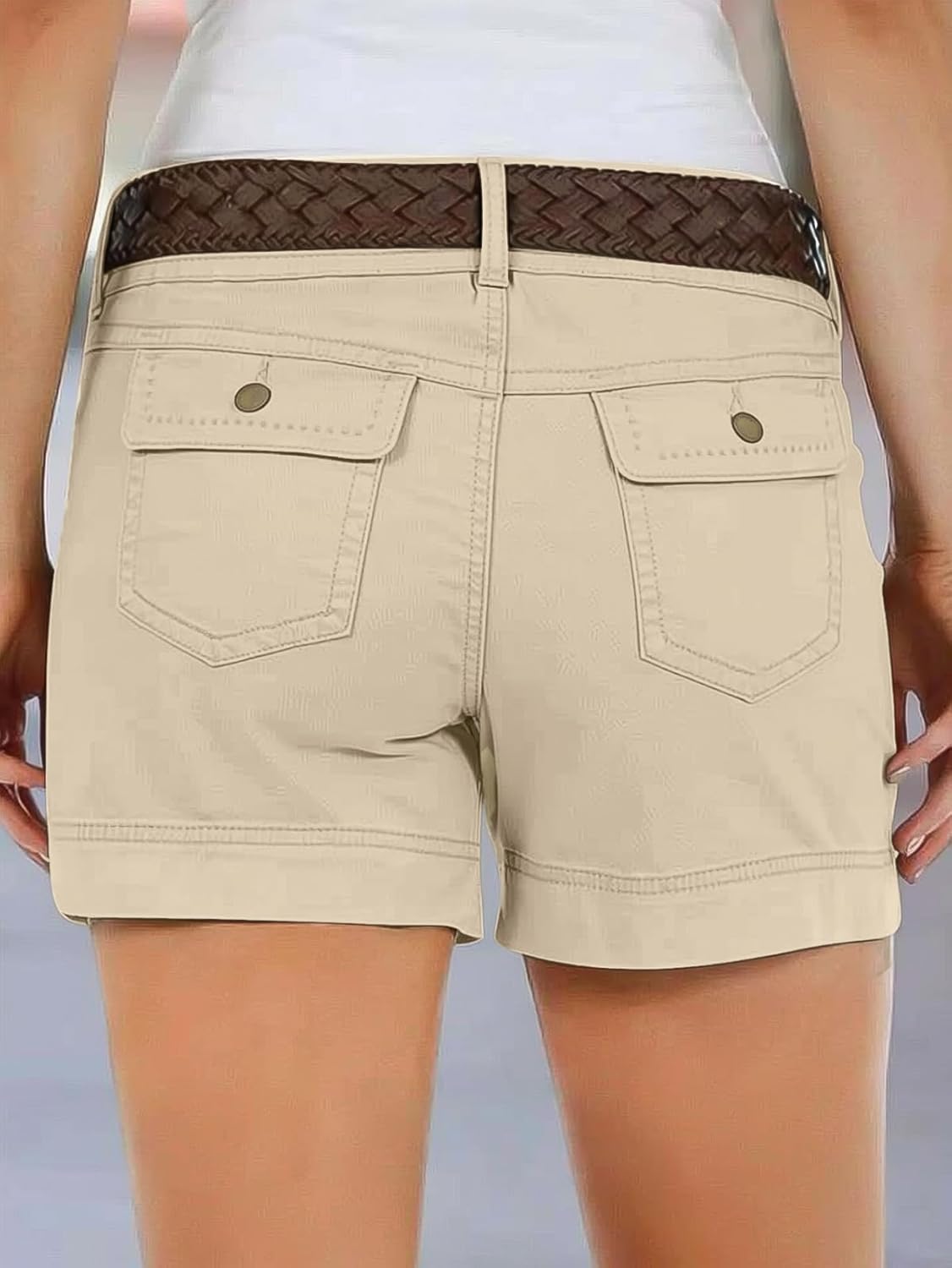 Flamingals Women's Mid Waist Solid Split Side Flap Pocket Casual Shorts