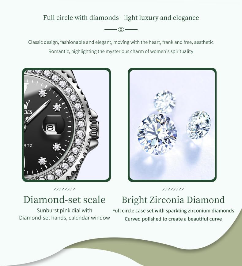 Miniatura 9 de OLEVS Relojes para mujer diamante con fecha de lujo de cuero femenino impermeable reloj de pulsera analógico de acero inoxidable reloj de mujer