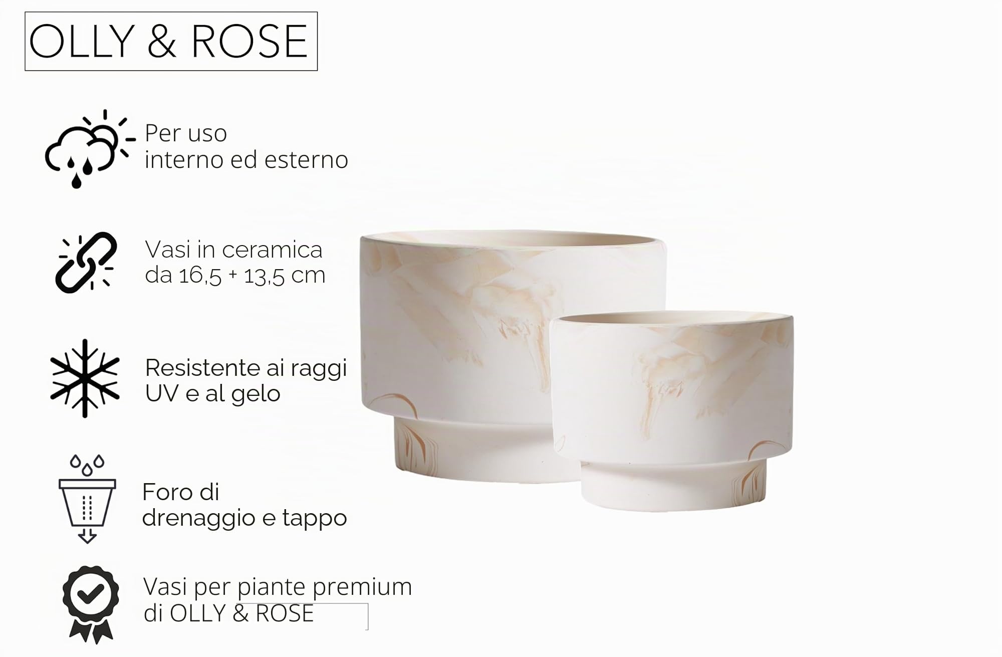 Olly & Rose Set di vasi per piante in ceramica bianca con strisce beige, 2-16,5, 13,5 cm, vasi medi per esterni e interni, fioriere bianche, vasi da fiori