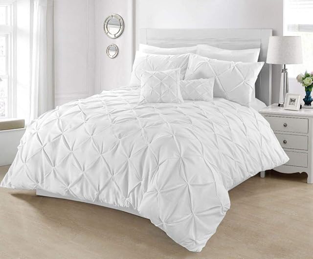 SeventhStitch The Art of Fine Living Pintuck Duvet Cover with Pillowcases Luxury 100% Percale Cotton Quilt Bedding Covers Single Double King Super King Size Bed Sets (King, White)