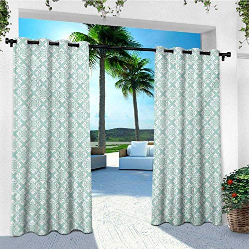 leinuoyi Teal and White, Porch Curtains Outdoor Waterproof, Old Fashioned Abstract Mosaic Design Elements with Floral Details, Outdoor Curtain Set for Patio Waterproof W72 x L96 Inch Mint Green White