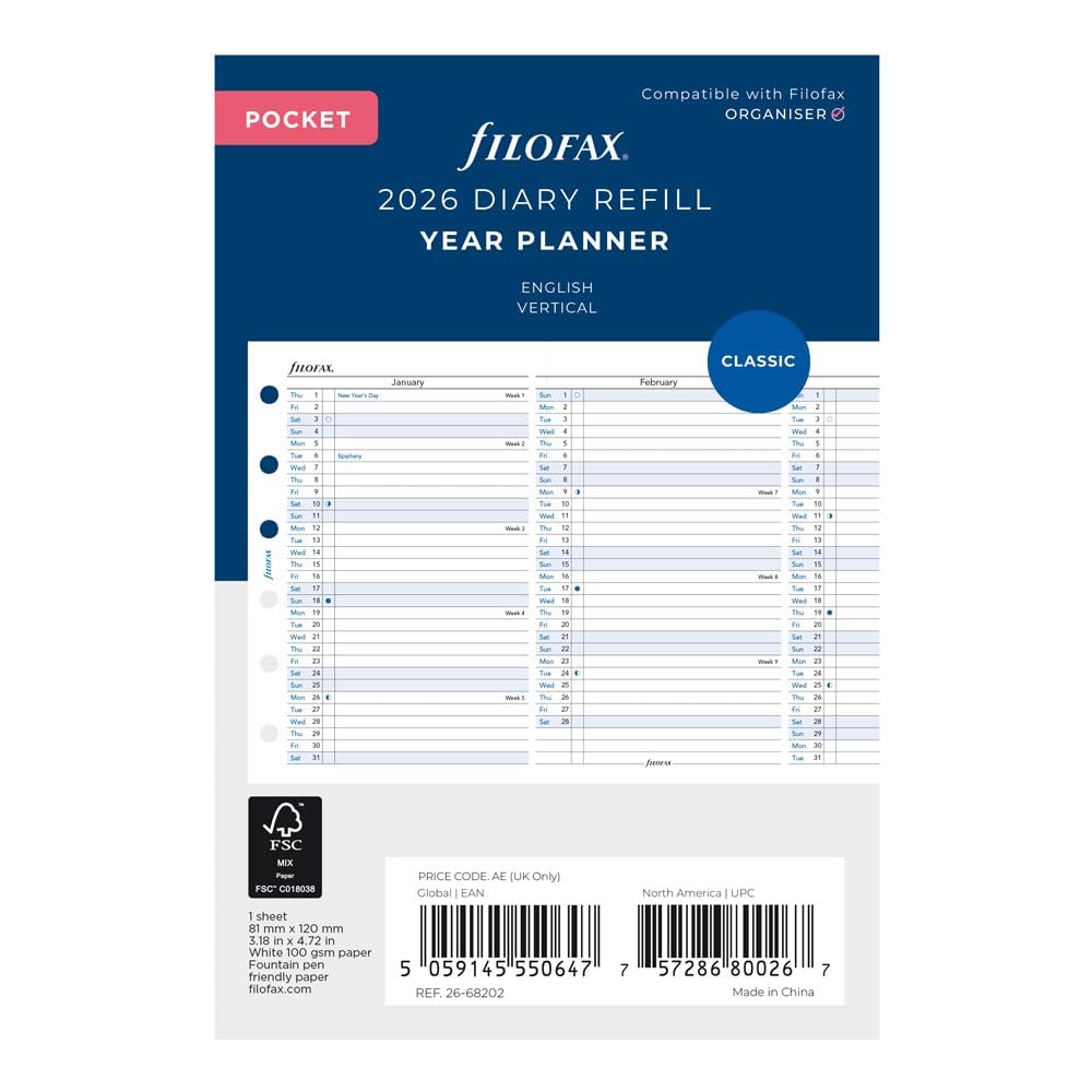 Filofax Kalender-Tagebuch-Nachfüllpackung, Taschenformat, vertikaler Jahresplaner, weißes Papier, Englisch, 2026 (C68202-26)