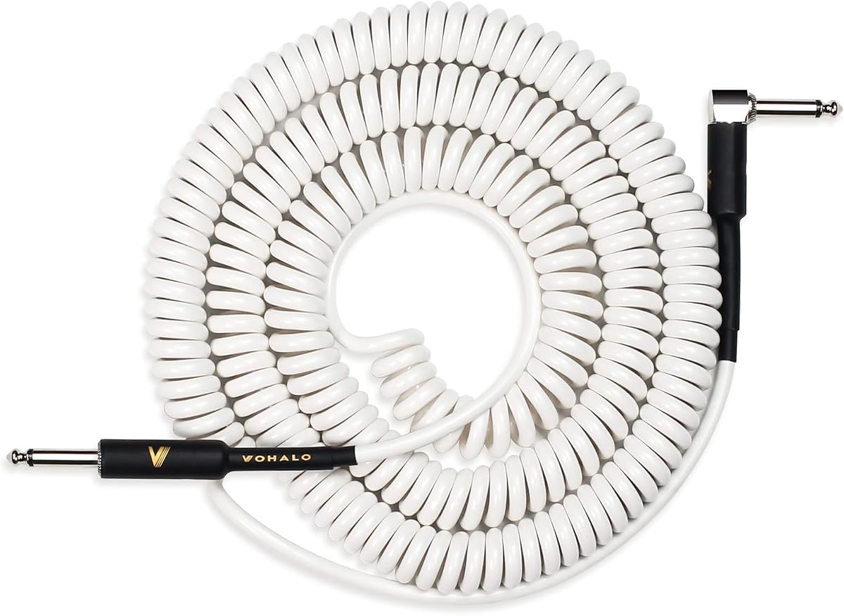 Coil Guitar Cable 32 Feet/10M Instrument Coiled Curly Cord for Guitar Bass 1/4 inch Right Angle to Straight White