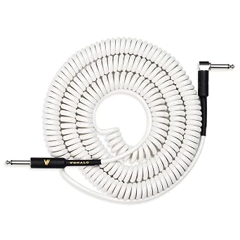 Coil Guitar Cable 32 Feet/10M Instrument Coiled Curly Cord for Guitar Bass 1/4 inch Right Angle to Straight White