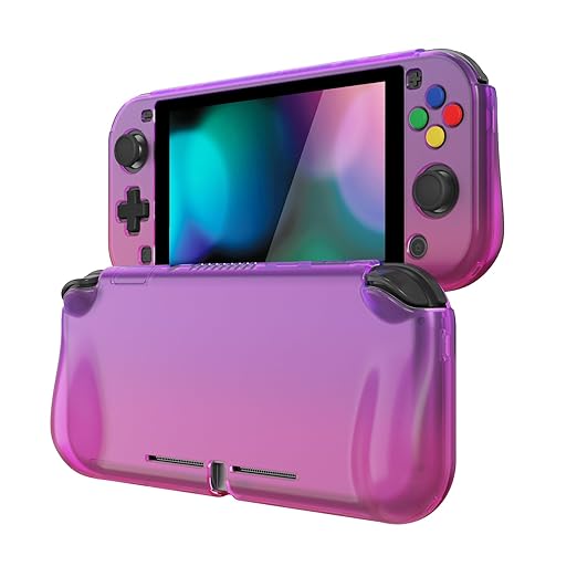 PlayVital ZealProtect Protective Case for Nintendo Switch Lite, Ergomomic Grip Hard Cover - Durable Comfort Anti-Scratch with Screen Protector & Thumb Grip Button Caps, Clear Atomic Purple Rose Red