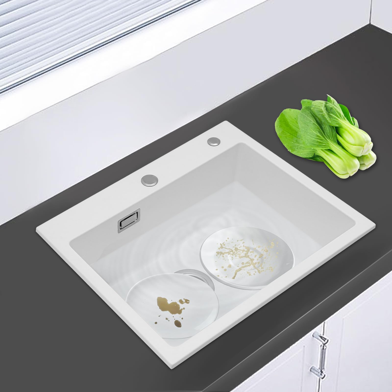 Lavello in pietra di quarzo, lavello sottopiano da tavolo/pavimento/incasso per cucina con tubo di scarico, alta qualità, moderno lavello da cucina per uso domestico, 55 x 45 x 22,86 cm (bianco)