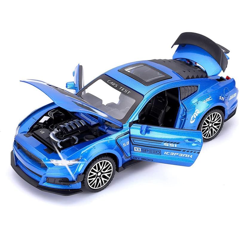 Image of PINQUE Kids New Car 1:32 Mastang Diecast Alloy Metal Pull Back Car with Openable Doors Music Sound and Light Vehicle Toy Car for Boys (Blue)