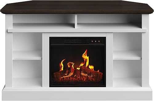 Miniatura 8 de Soporte de TV esquinero con chimenea eléctrica para televisores de 55 pulgadas consola con armario de almacenamiento control remoto calor ajustable