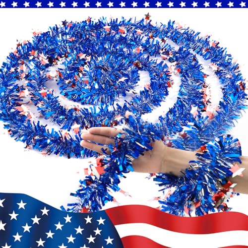 Image of 4th of July Patriotic Tinsel Garland Decoration 33FT, Red White and Blue Tinsel Garland with Shiny Star Metallic Garlands,Independence Day Memorial Day Decor for Home Indoor Outdoor