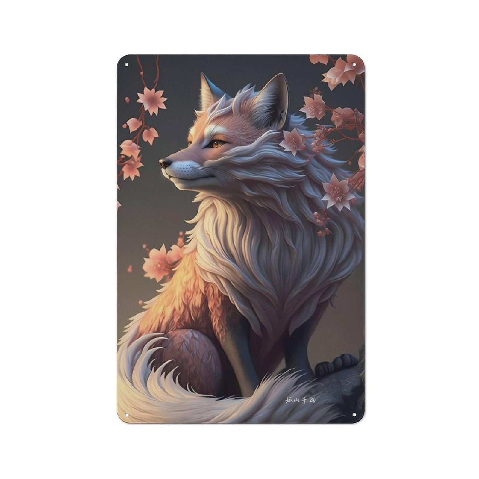 Kitsune Fox Japanese Style Cottage Style Metal Wall Decor 30x20cm, Country Metal Sign for Kitchen, Cottage, Porch Or Garden Room