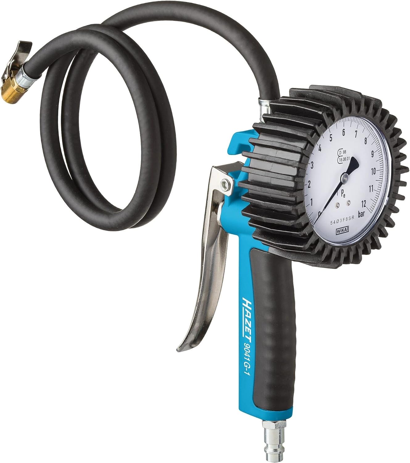 HAZET Gonfleur de pneus 9041G-1 I Calibré, plage de mesure du manomètre : 0-10 bar, longueur de tuyau : 1000 mm, manomètre : 80 mm I Contrôleur de pression des pneus pour voiture, moto, camion