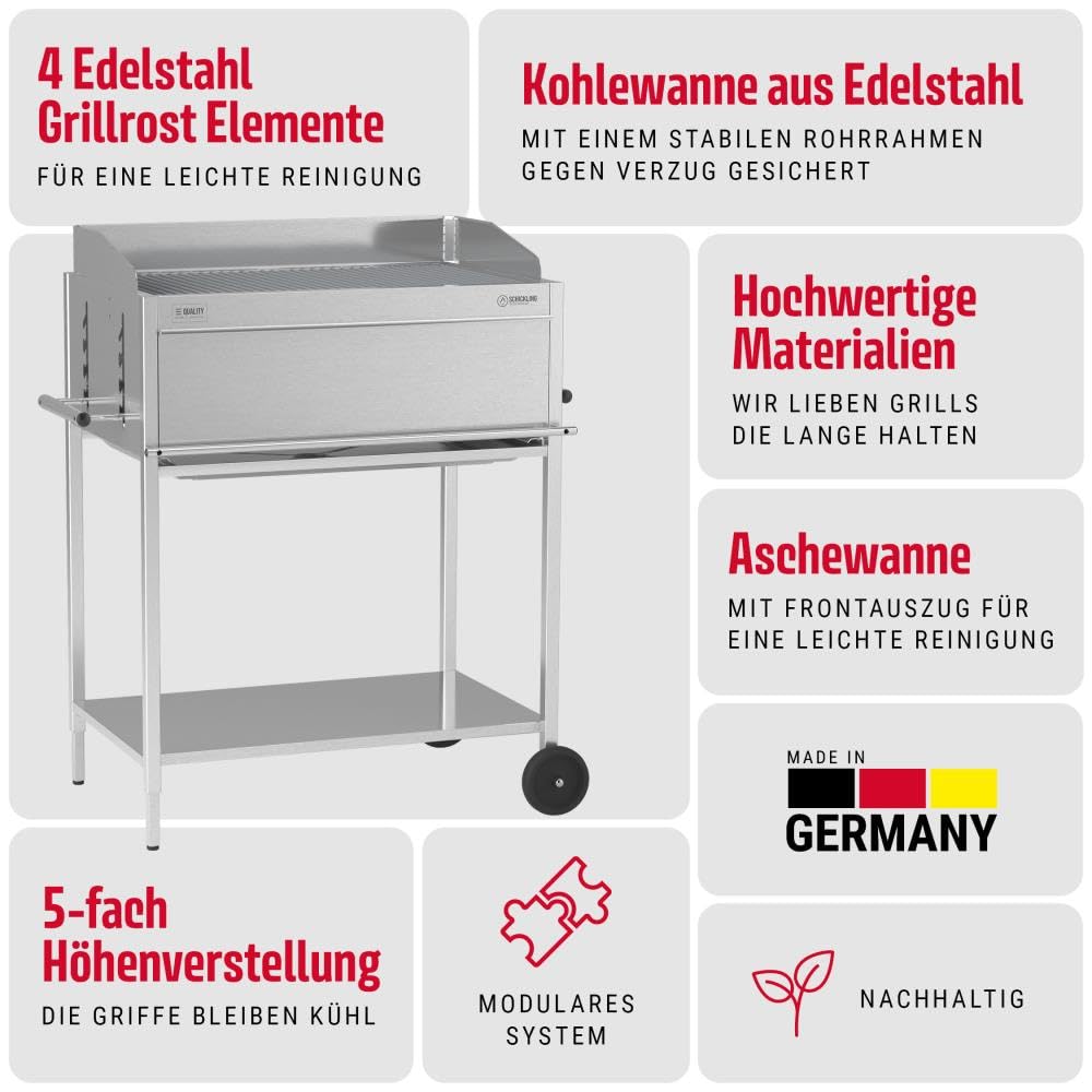 Schickling Holzkohlegrill "Walter XL - Basic" BBQ Edelstahlgrill Grillwagen, Rechteckig, 100% Edelstahl, Holzkohle Grill - Made in Germany - Direkt vom Hersteller