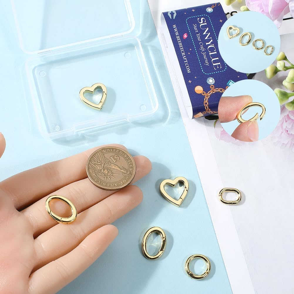 SUNNYCLUE 8Pcs 4 Styles Real 18K Gold Plated Spring O Rings Jewelry Oval Clasp Heart Round Brass Gate Ring Trigger Carabiner Clips Keyring Snap Hook Buckle for Purse Jewelry Bags Lanyard DIY Crafts - Image 3