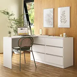 Escrivaninha em L 120cm c/ 6 Gavetas Flex Multimóveis Mp6030 Branco