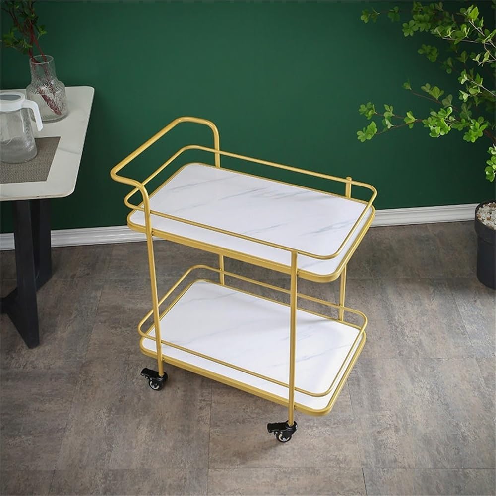 2-Tier Metal Frame Bar Carts, Utility Cart with Wheels and Handle, Portable Serving Cart for Home, Tea Cart for Living Room or Dinning Room(Gold)