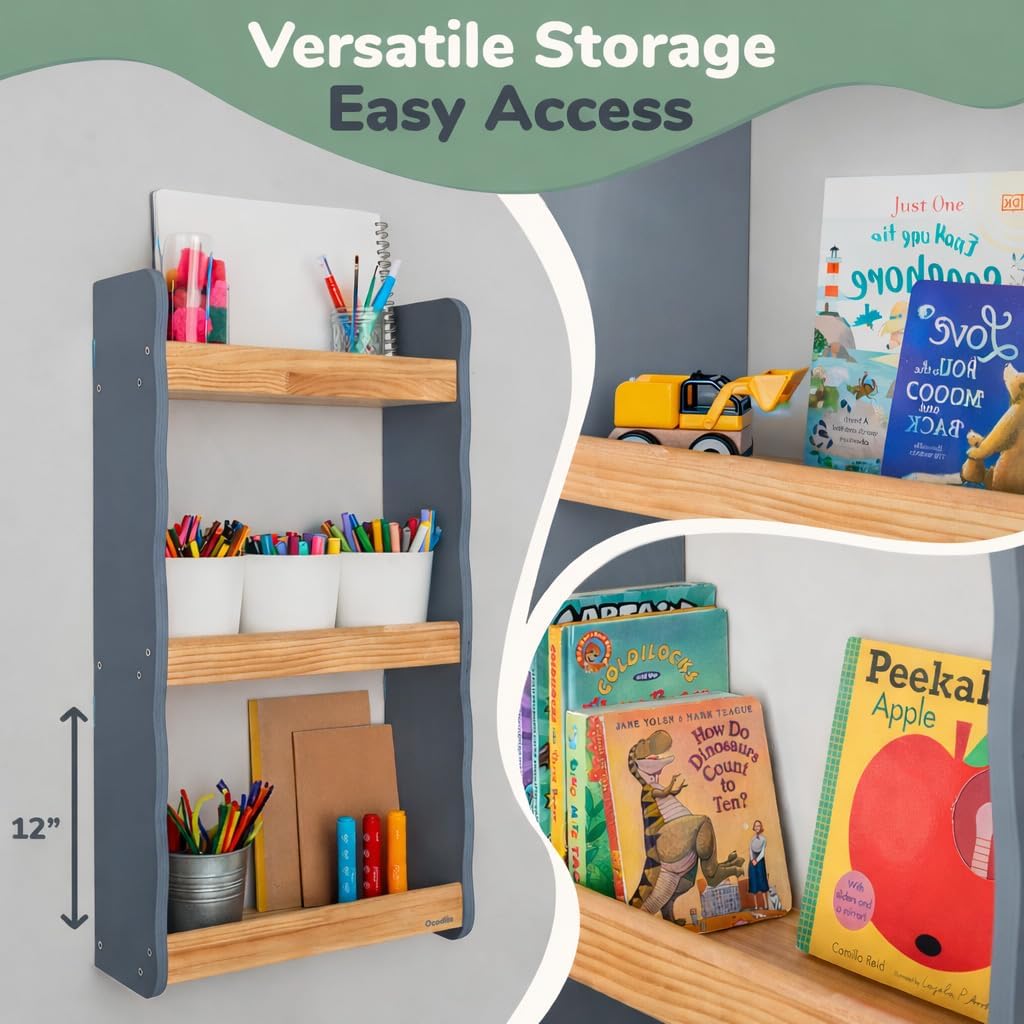 Ocodile Floating Kids Bookshelf – 3-Tier Wall Mounted Bookshelf for Nursery & Playroom – Montessori Floating Shelves for Kids Room Made of Pine Wood with Smooth Finish - Gray