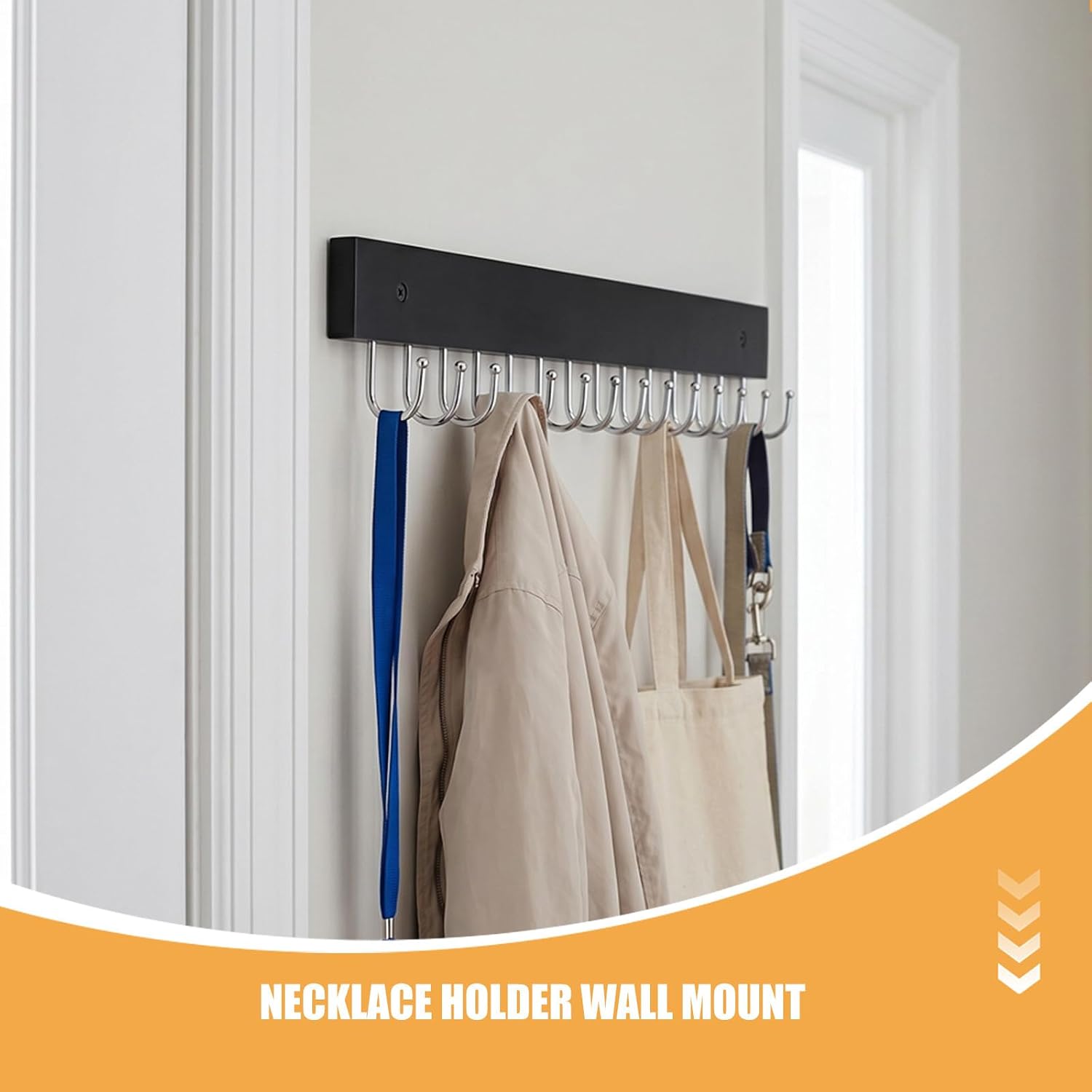 OUNONA Wall Mounted Wooden Jewelry Organizer with 14 Black Hooks, Versatile Organization and Robust Support, Minimalist Style Hanger for Chains and Clothes, for Bathroom, Bedroom, image 3