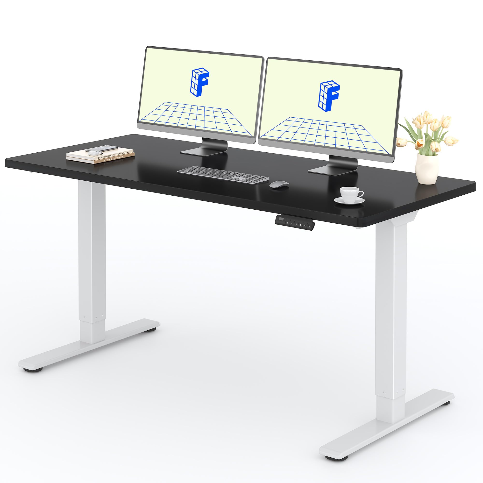 Bureau assis debout avec 2 moteurs électriques Flexispot 140x80 cm charge 100kg blanc noir