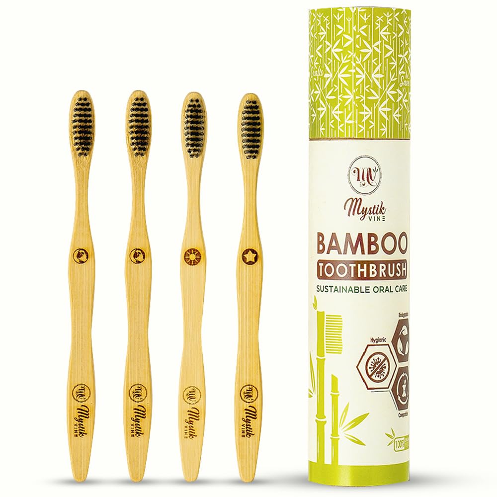 Mystik VINE Bamboo Manual Toothbrush For Adults With Activated Charcoal Soft Bristles|Pack Of 4|Includes Hard Paper Tube Travel Case|Antibacterial And 100% Biodegradable Toothbrush" (B0BNX6CM1Q) Amazon Price History, Amazon Price Tracker