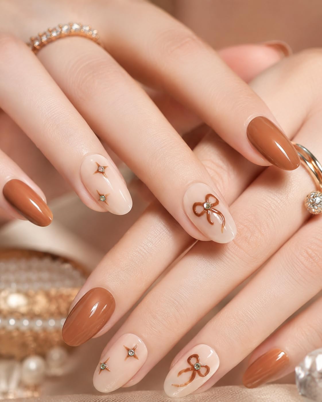 JESCO 20pcs Press on Nails Reusable With Bow and star Design | Coffee & Cream | Lightweight & Long Lasting | Easily Fix for Festivals, Special Occasions & Daily Wear-image-22