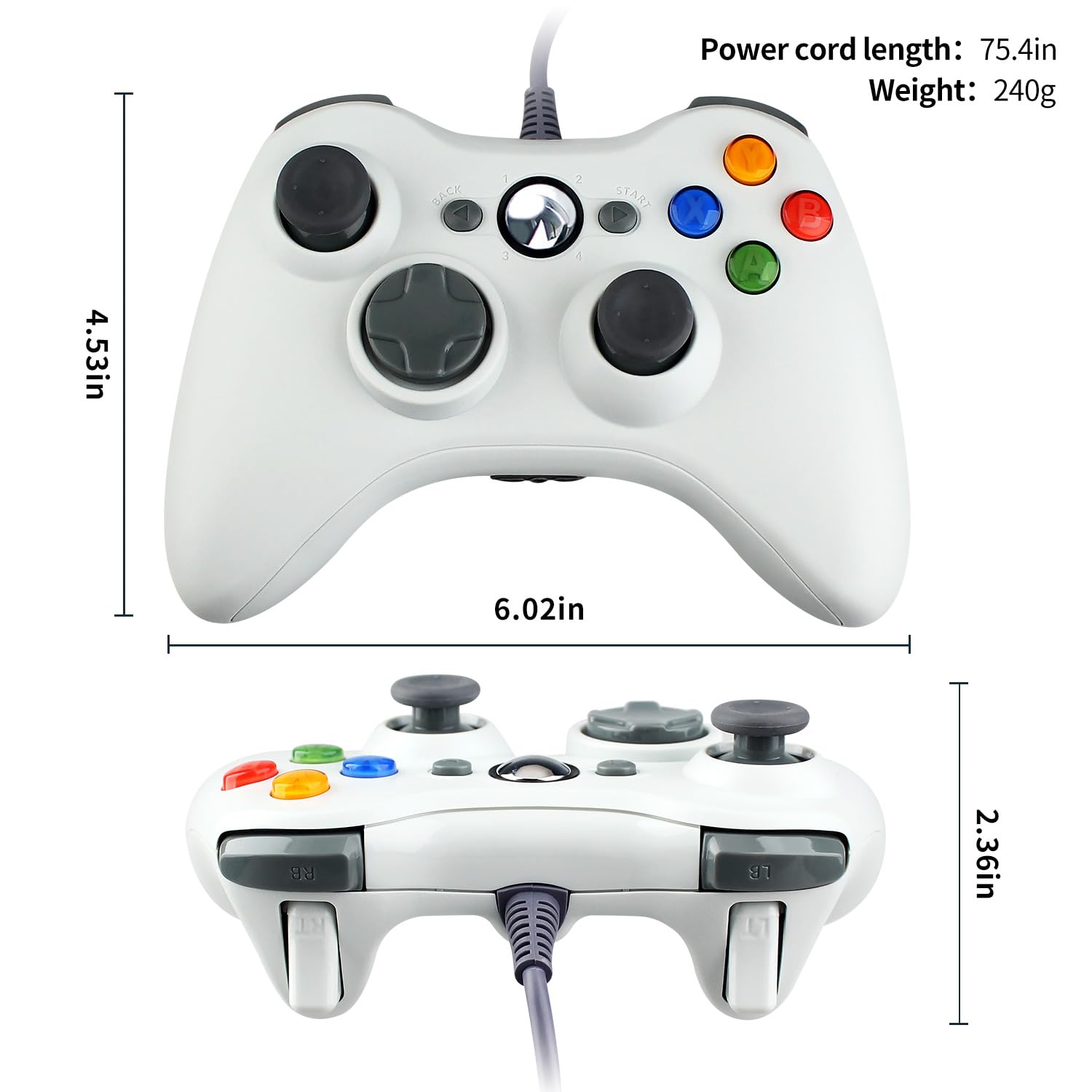 OSTENT Przewodowy kontroler kabla USB, kompatybilny z konsolą Microsoft Xbox 360, PC, komputerem, grami wideo (biały)