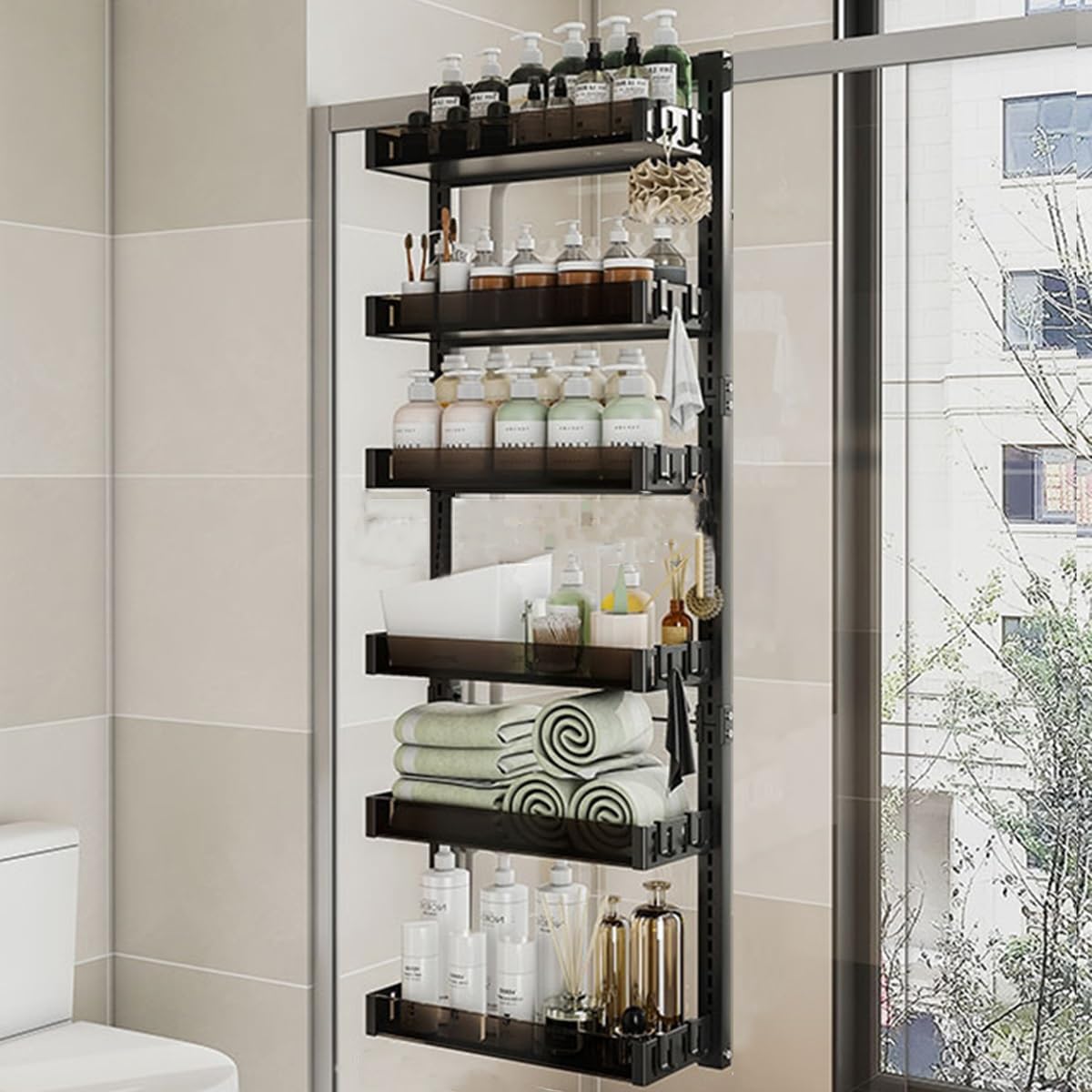 Over het toilet opslag boven toiletrek badkamer organizer 3-laags toiletplank met 4 haken en toiletpapierhouder vrijstaande badkamerstandaard boven toilet ruimte besparen, zwart