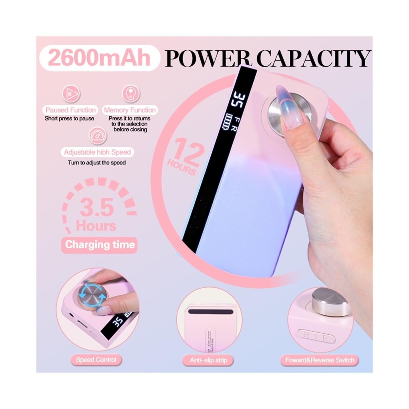 Lima elettrica per unghie Trapano For Unghie Elettrico Ricaricabile Da 35000 Giri/min, Frese For Unghie Portatili For Unghie In Acrilico/gel, Strumenti For Unghie Professionali For Pedicure Manicure L