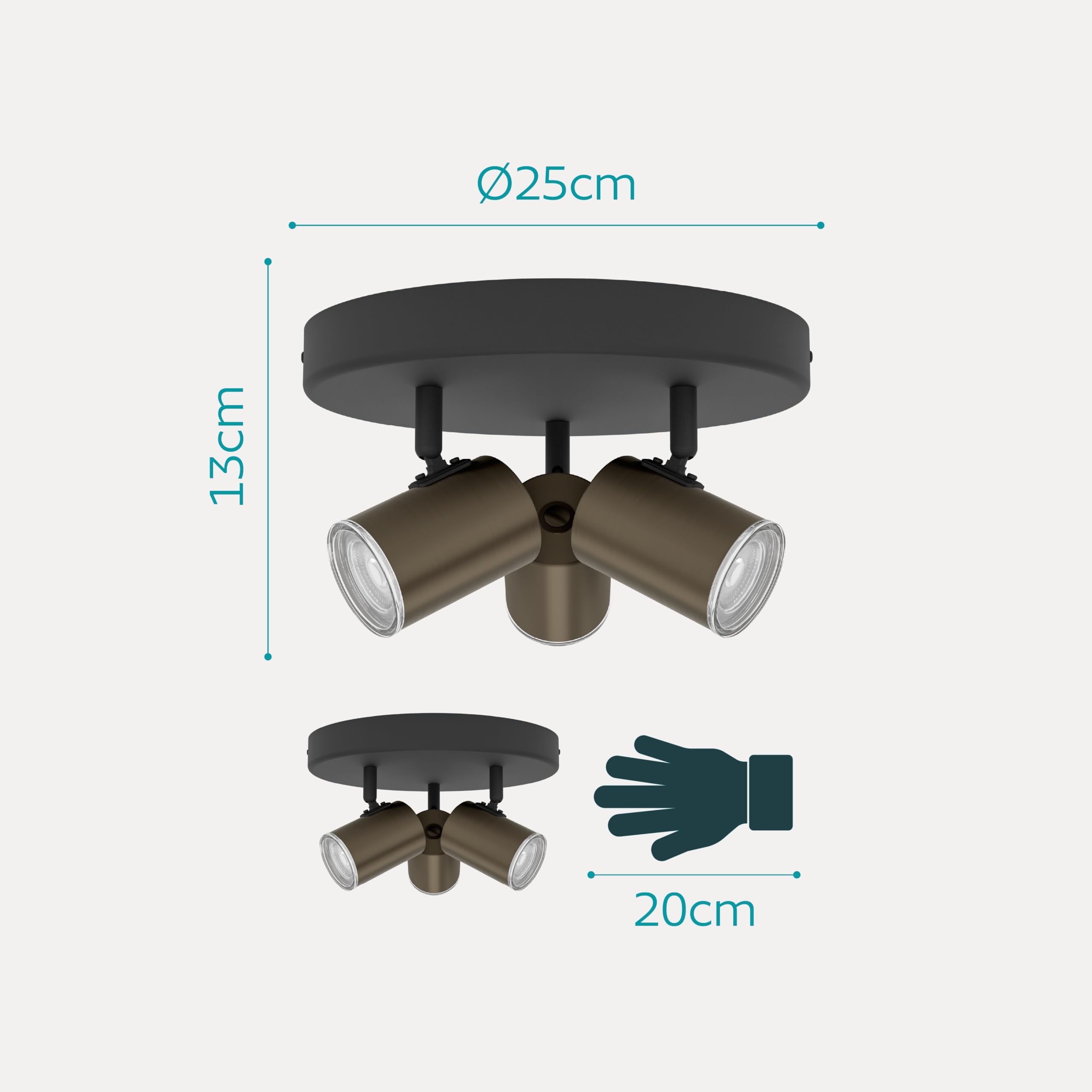 Eglo Plafoniera Consuma 1, faretto tondo 3 luci, lampada bagno a soffitto in metallo nero e bronzo, attacco GU10, IP44