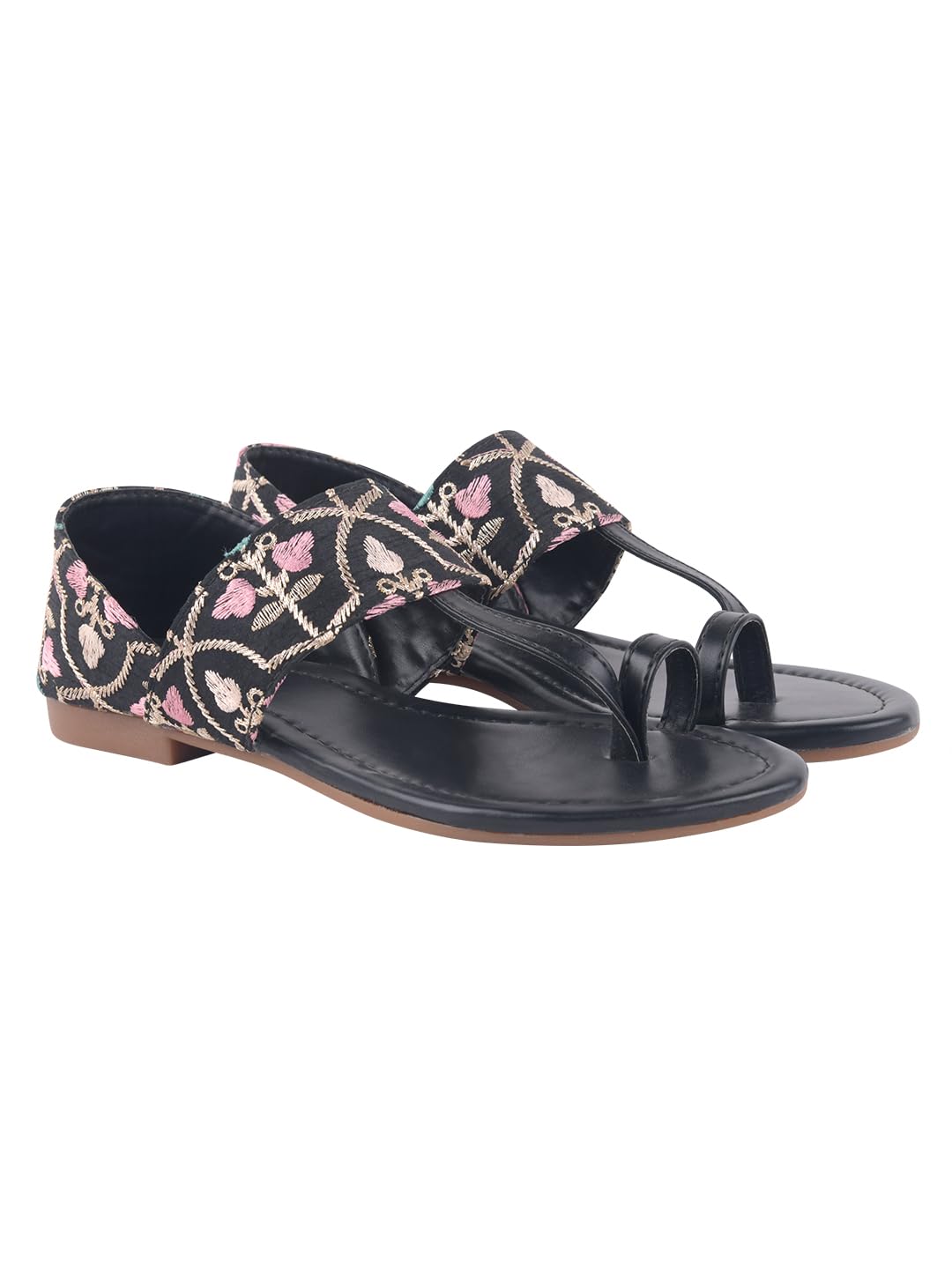 Women’s Ethnic Embroidered Toe Ring Sandals – Floral Designer Flat Slip-On Kolhapuri Style Festive, Casual & Dressy Summer Footwear-image-1