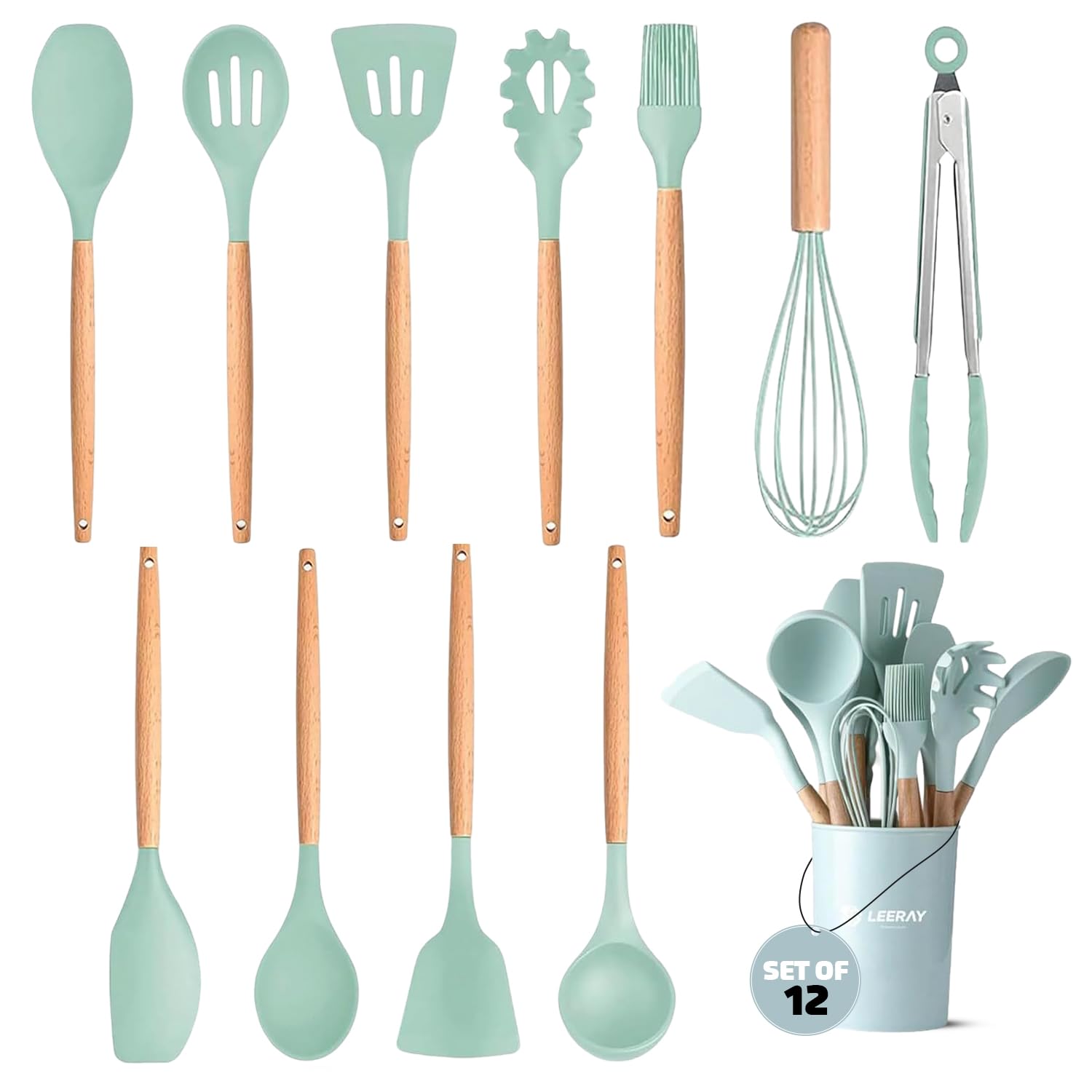 Kitchen Utensil Set - 12 PCS Wooden Silicone Cooking Utensils, Heat Resistant Nonstick Cookware Tools Spatula Spoon Turner Ladle Tongs Brush Holder Sets (Wooden Green) — image 1