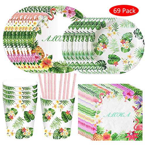 Amycute 69 Piezas Vajilla de Hawaianos cumpleaños Adulto, Vajilla Diseño Flamenco Verde Desechable Vasos, Platos, Servilletas, pajas, para Fiesta de Tropical Piscina de Verano
