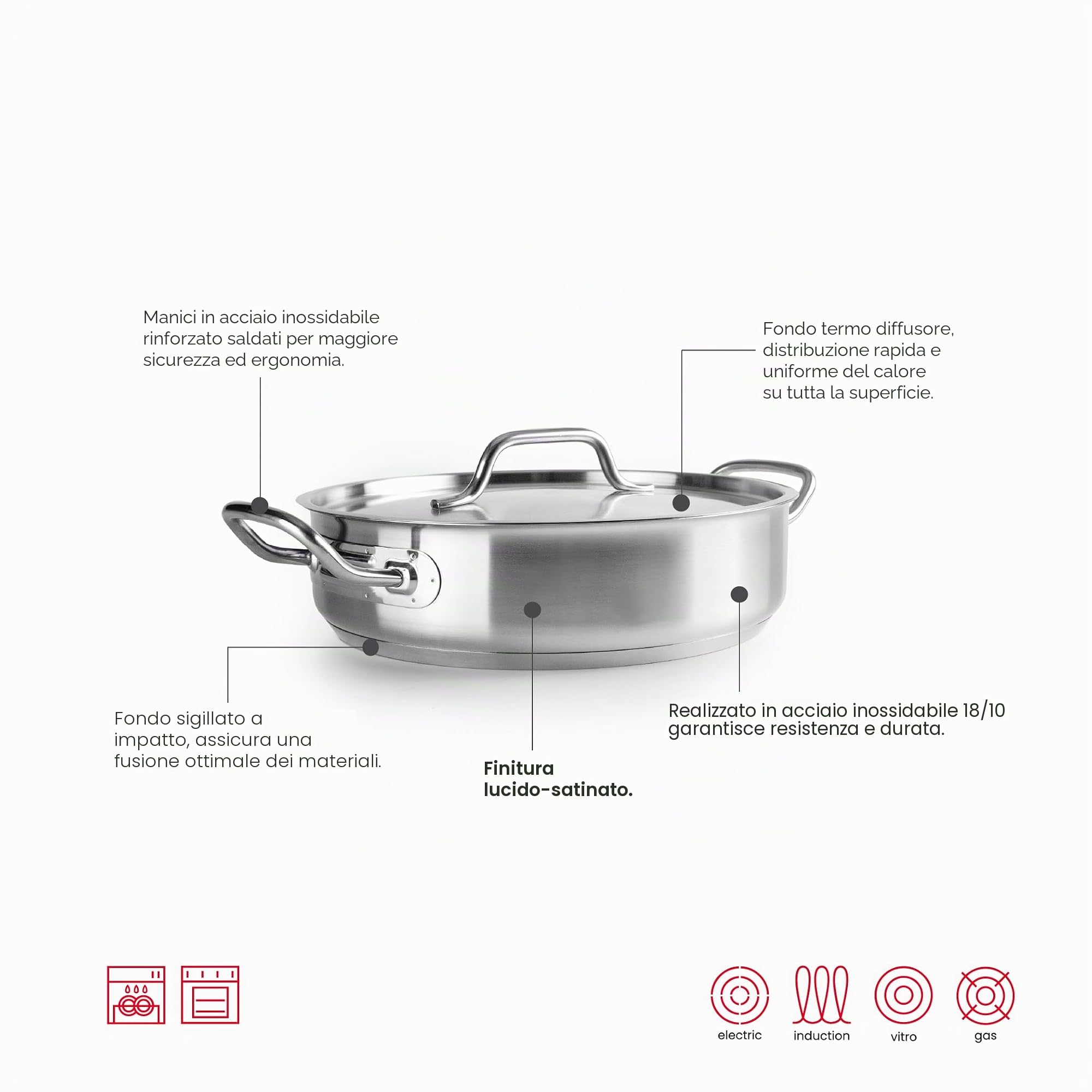 IBILI - Casseruola con coperchio inox Ebbe 32 Cm, Acciaio inossidabile 18/10, Adatto per induzione