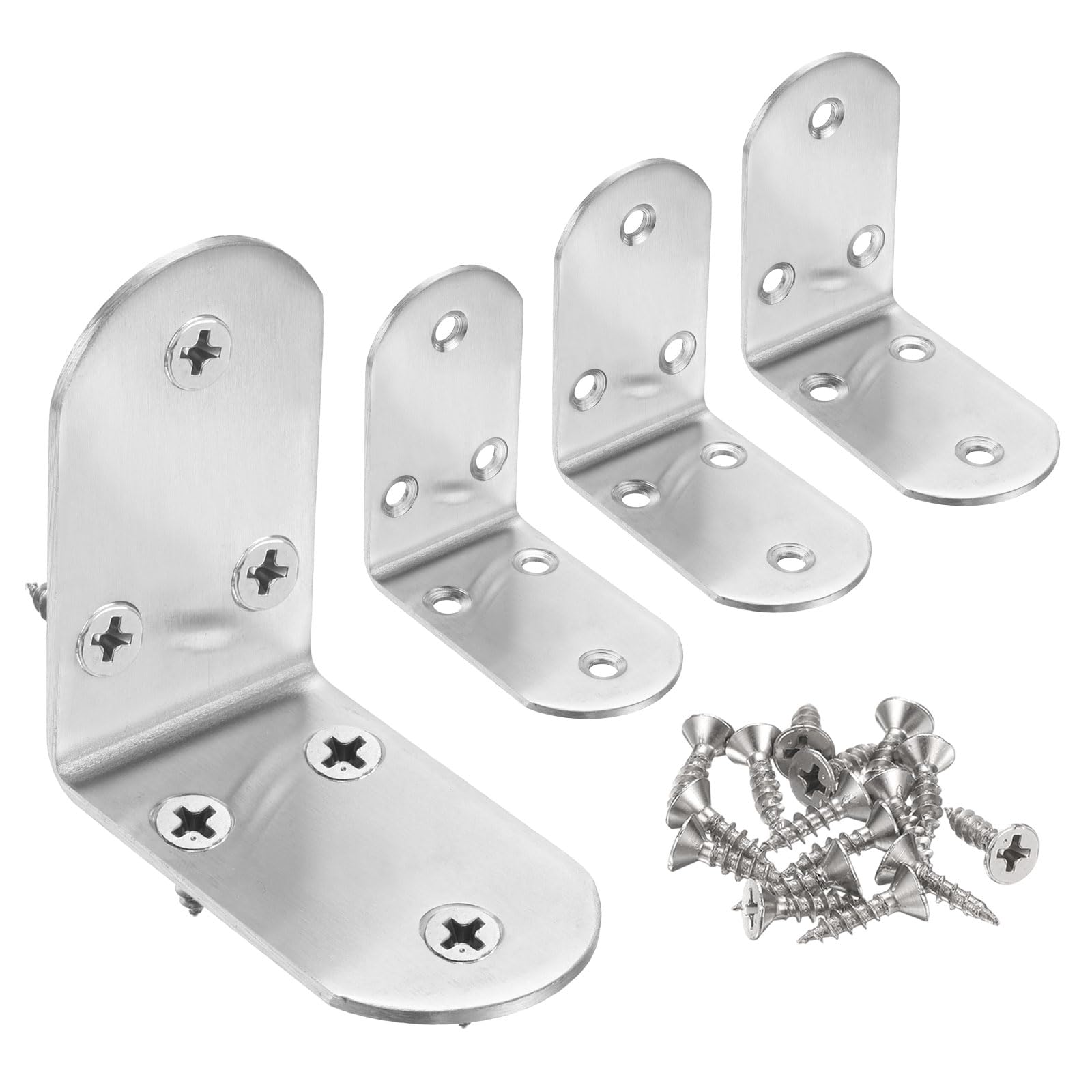 sourcing map 4pcs L-Shaped Corner Bracket 2.6" x 2.6" x 1.5" Stainless Steel 90 Degree Angle Brace Joint Right Corner Fastener with 24 Screws for Shelves Cabinet Chair Drawer, Silver
