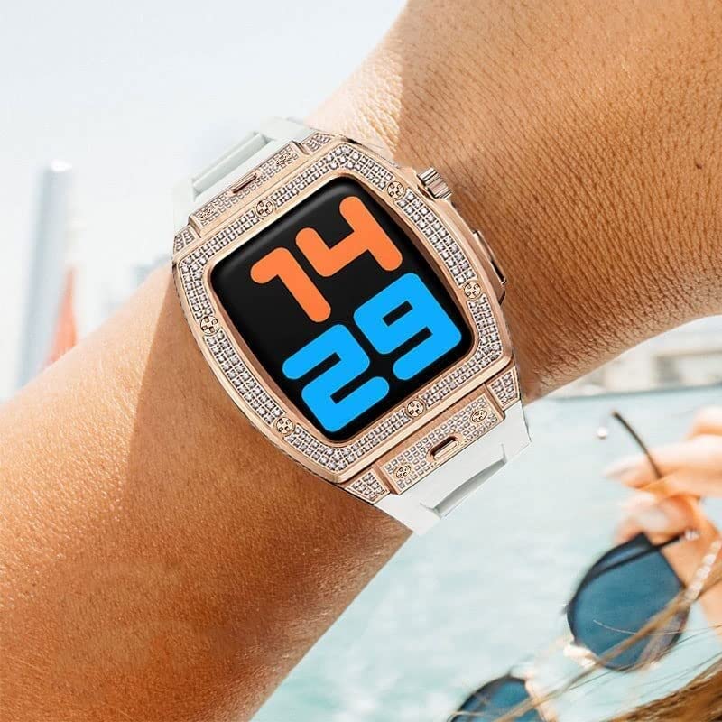 Boîtier en métal pour Apple Watch 45mm en strass brillant avec bracelet en caoutchouc chic