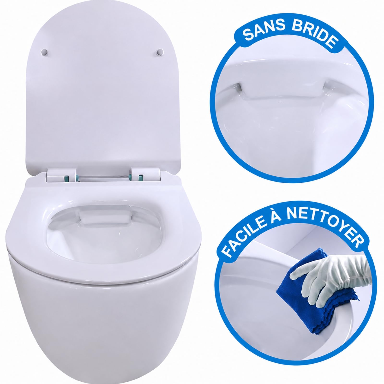 Pack Complet WC Sans Bride Bati Autoportant + Cuvette Suspendue Sans Bride + Plaque (Bâti chrono autoportant, Plaque blanche)