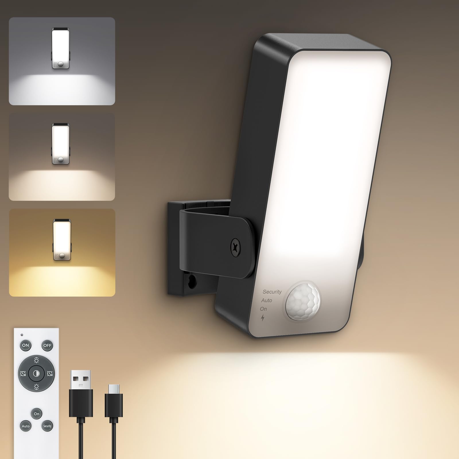 Aussenlampe mit Bewegungsmelder, 10000mAh Akku Außenlampe mit Bewegungsmelder Aussen IP65 Wasserdichte 3 Modi 3000K-6000K Wandleuchte Ohne Stromanschluss für Veranda,Garage, Garten - Schwarz 1 Stück