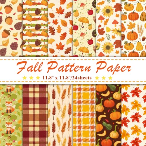 Konsait 24 Sheets Fall Scrapbook Paper 11.8 x11.8Double Sided 160g Thick Cardstock 12 Designs Buffalo Plaid Fox Pumpkin Harvest Paper for Thanksgiving Junk Journal Card Origami Crafts