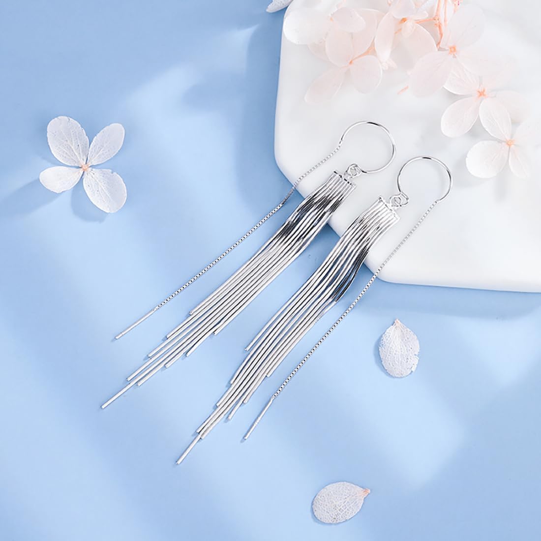 Sterling Silver Big Drop Earrings 925 Tassel Linear Ear Hanging Shimmering Fan Statement Teardrop Earrings - Designer Multi-Style Statement Exquisite Trendy Upscale Chandelier Dangle Earrings Jewelry Gift for Women - Image 4