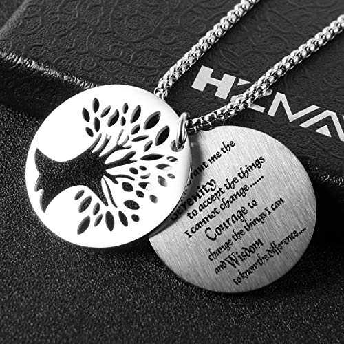 Hzman Two Piece Serenity Prayer Stainless Steel Pendant Necklace With Tree Of Life Cut Out (Round Silver) #TOP2