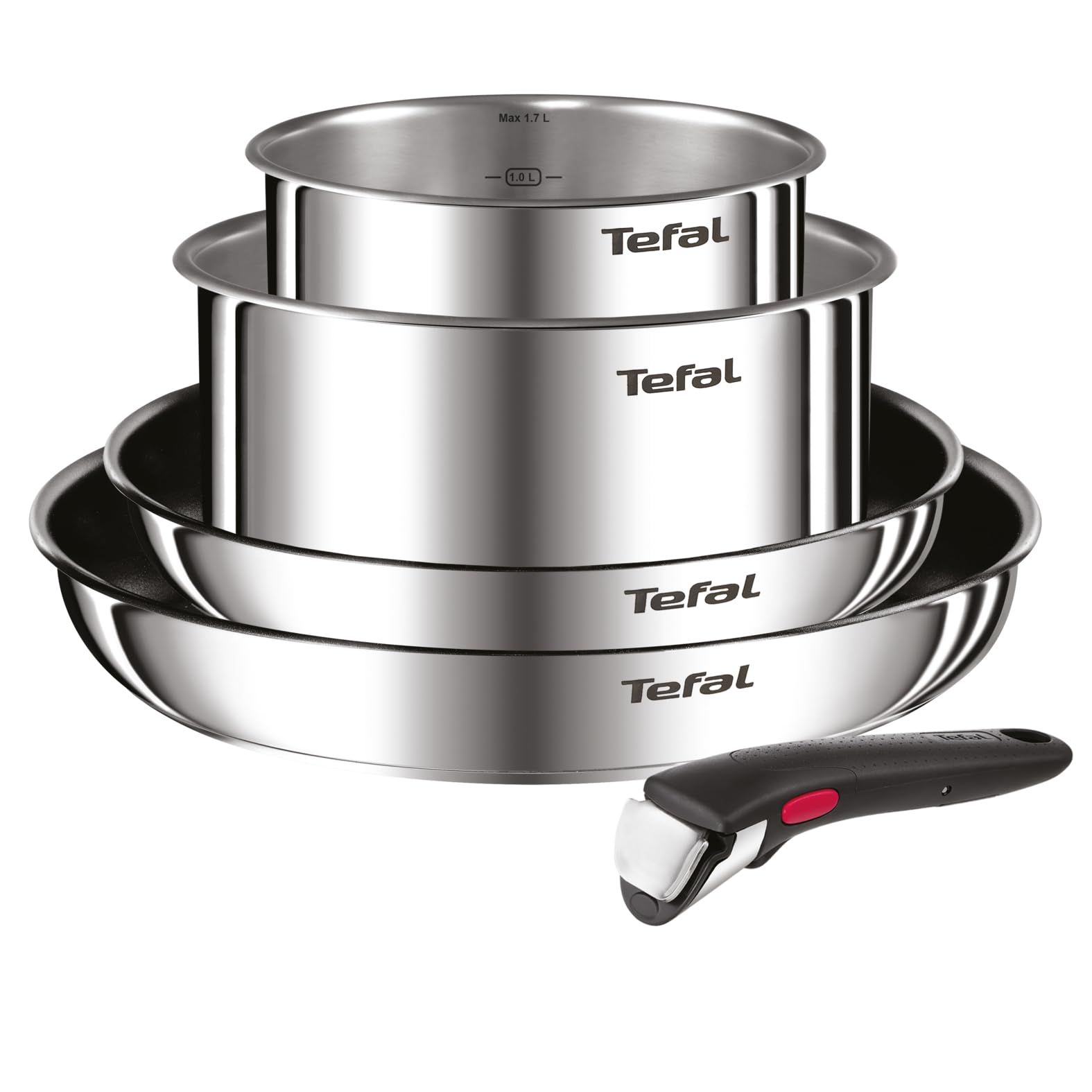 Tefal Ingenio Lot 2 Poêles, 2 Casseroles et Poignée amovible, Induction, Acier inoxydable, Empilable, Revêtement antiadhésif, Compatible lave-​vaisselle, Garantie 5 ans, Emotion L897S504