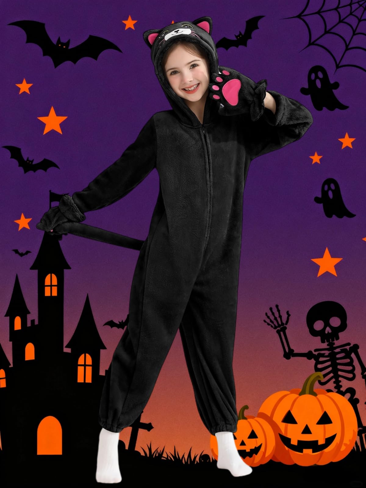 ESHOO Black Cat Costume for Girls Kids Halloween Costumes Leopard Print Onesie Cheetah Jumpsuit Cat Costumes for Kids Girls Boys 3-10 Years - Image 2