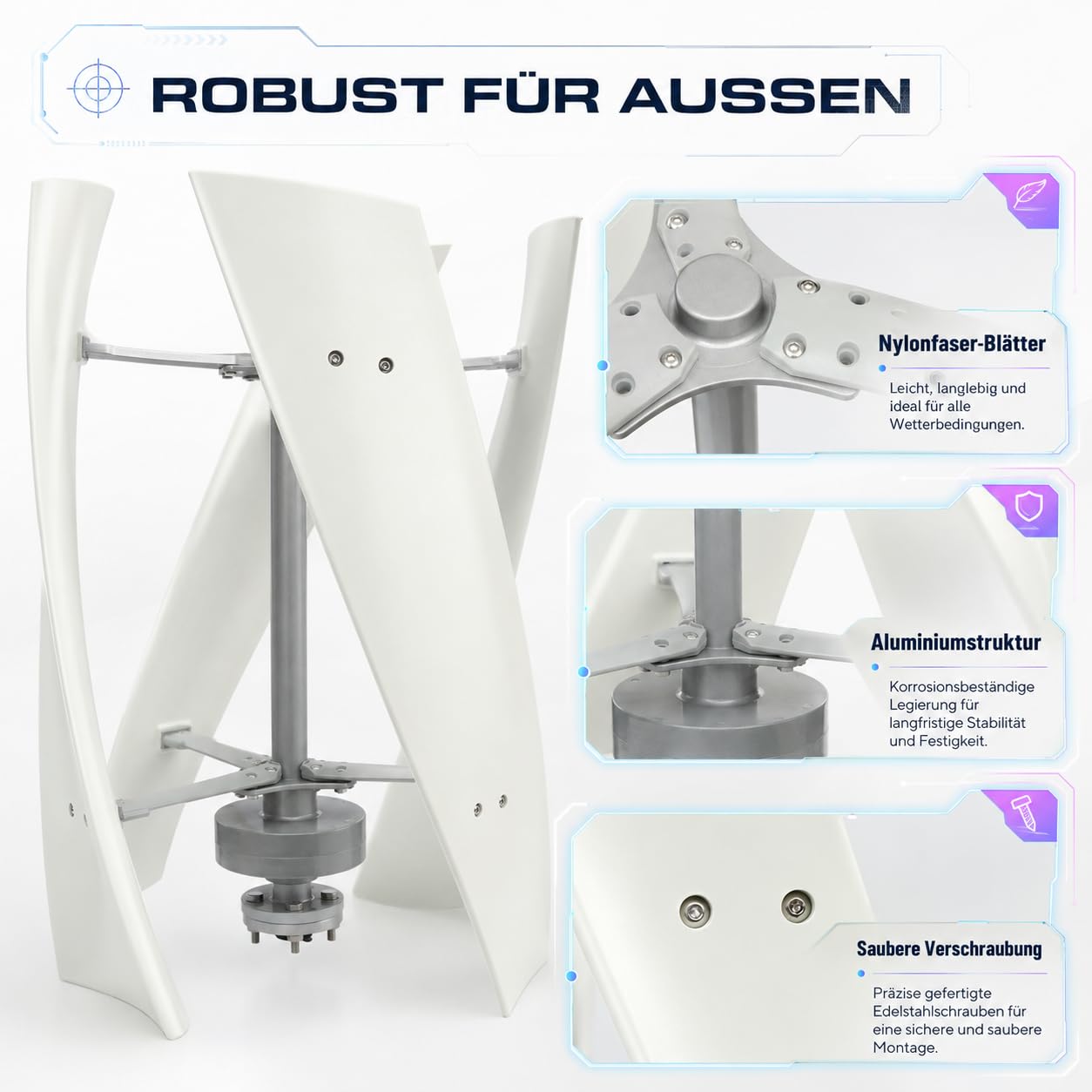 Vertikaler Windturbinen-Generator 100W 24V Windkraftanlage | Mit Permanentmagnet-Lagertung, Windturbine mit 3 Nylonfaser-Blättern und 30 dB, für Boote und Pavillons(Weiß）